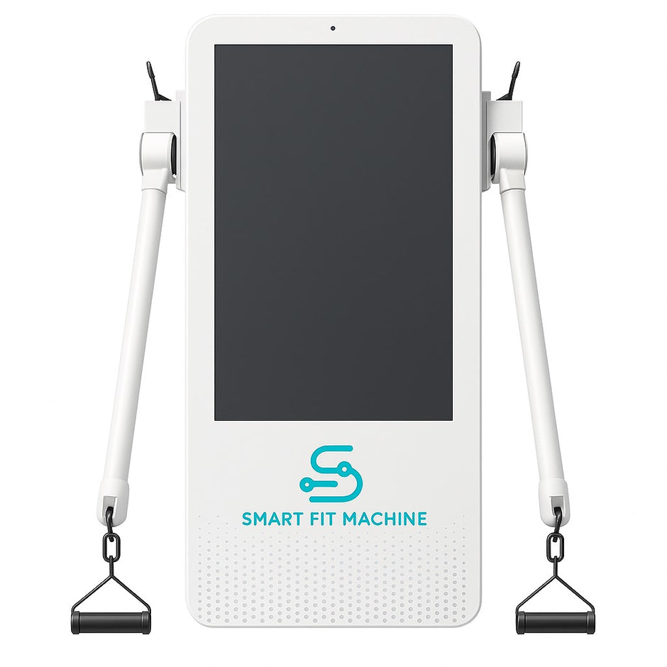 White fitness machine with screen and arm handles on a white background, featuring the 'Smart Fit Machine' logo.