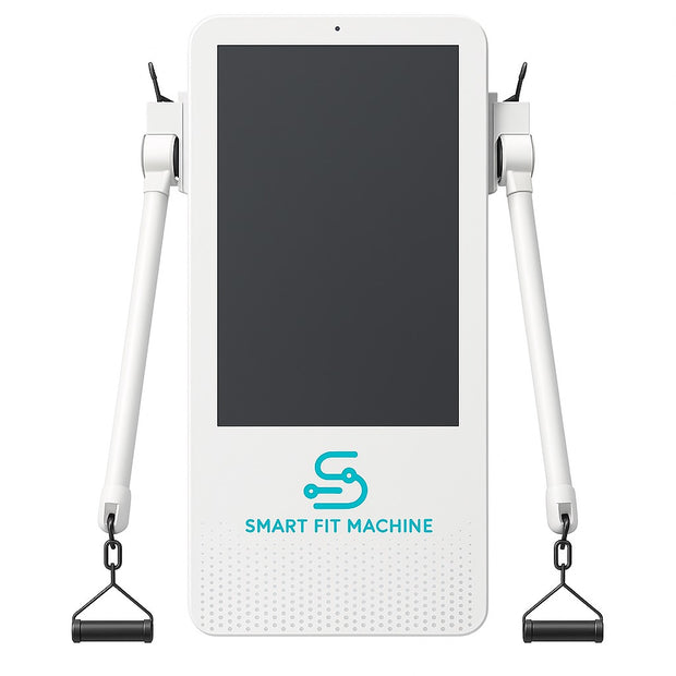 White fitness machine with screen and arm handles on a white background, featuring the 'Smart Fit Machine' logo.