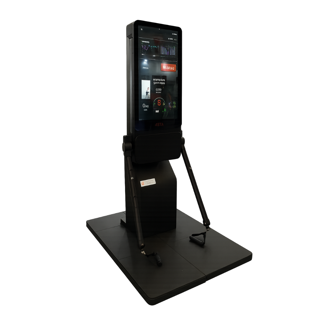 Digital home gym with a screen on a stand