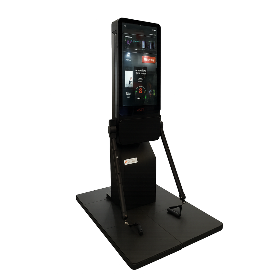 Digital home gym with a screen on a stand