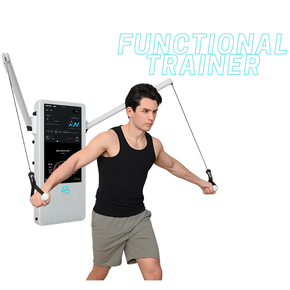 Person using a functional trainer with digital display