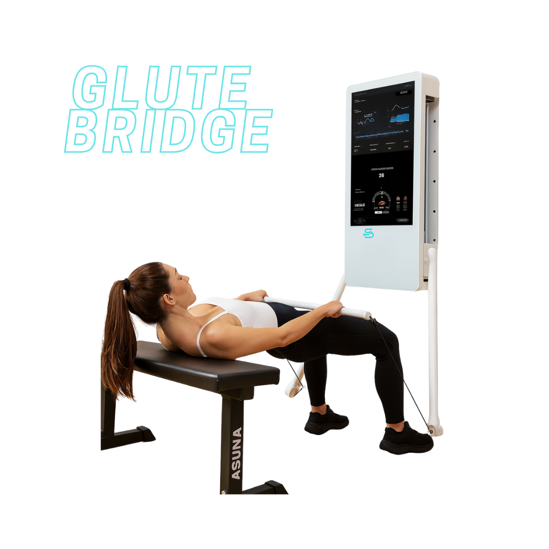 Woman using a glute bridge machine with digital display on a white background