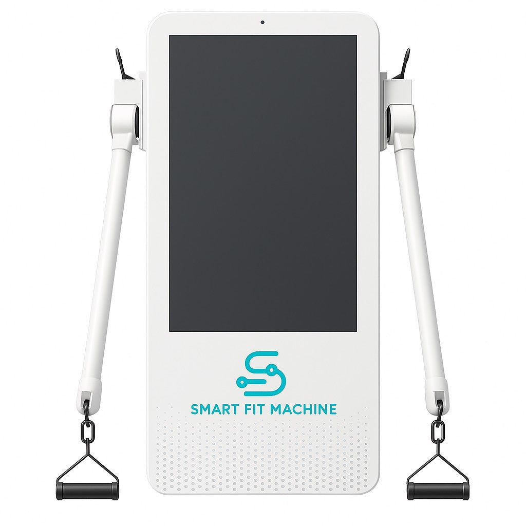 White fitness machine with screen and arm handles on a white background, featuring the 'Smart Fit Machine' logo.