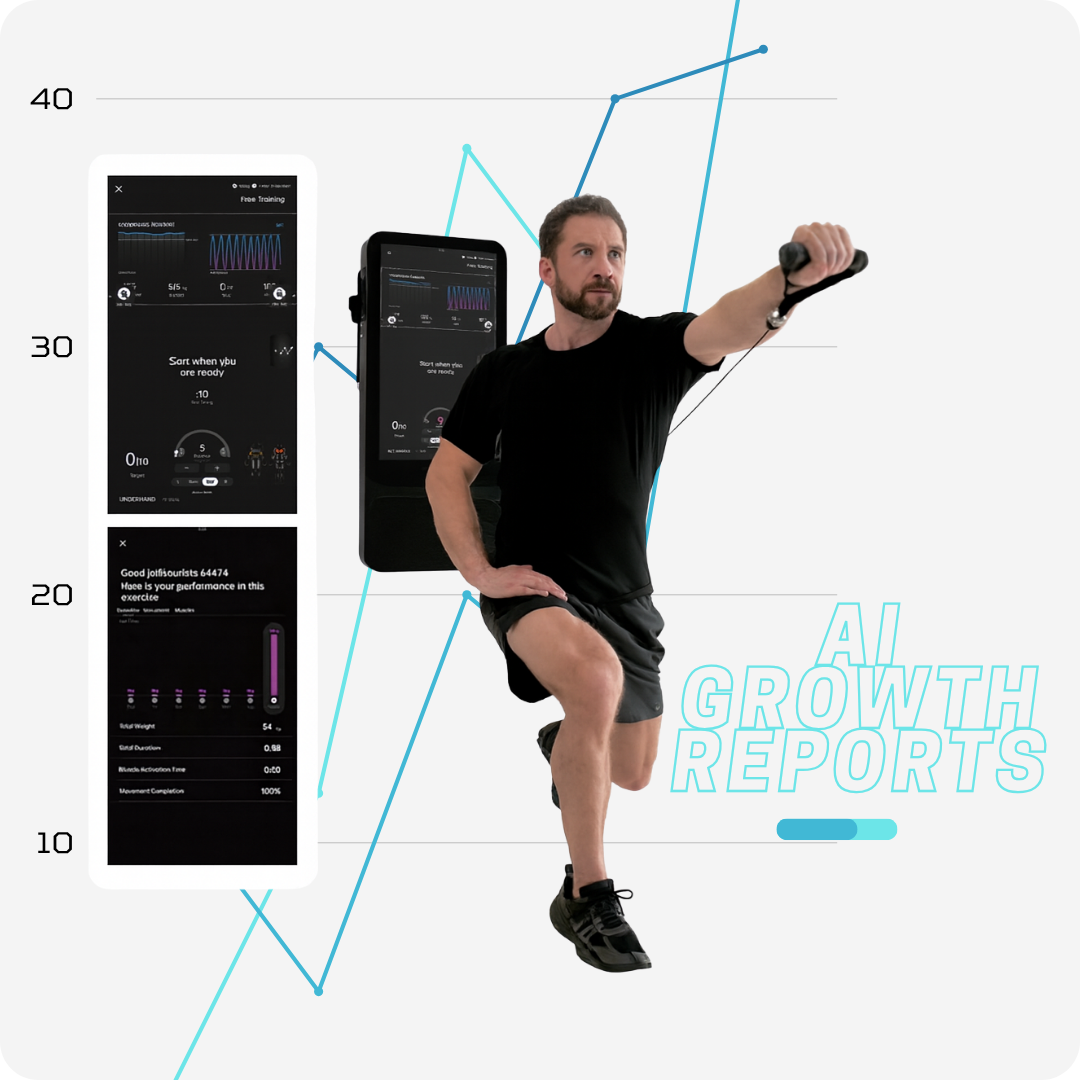 Person exercising with fitness equipment and digital devices displaying AI growth reports on a white background.